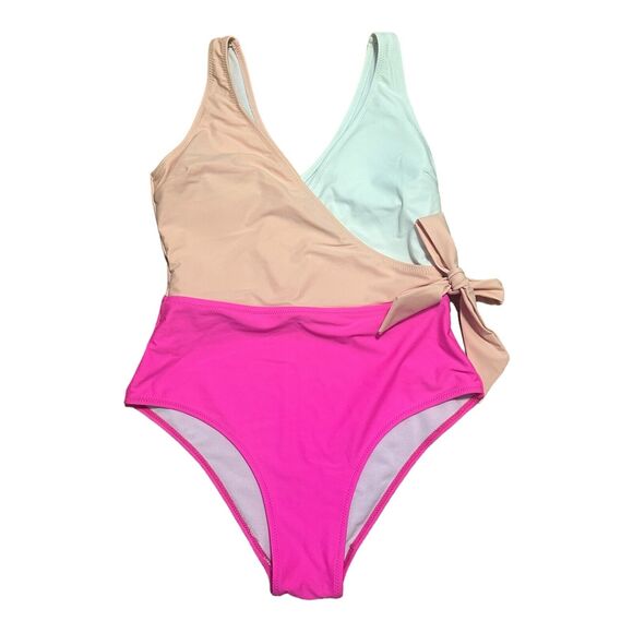 SweatyRocks Women's One Piece Bathing Suit V Neck Tie Front Color Block Pink M - Picture 1 of 9